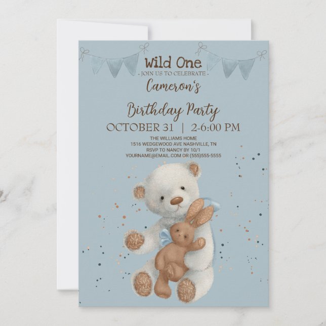 White Teddy Bear Wild Un anniversaire Invitation (Devant)