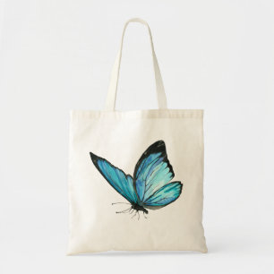 White Tote Bag with Blue Butterfly & Blue Flowe
