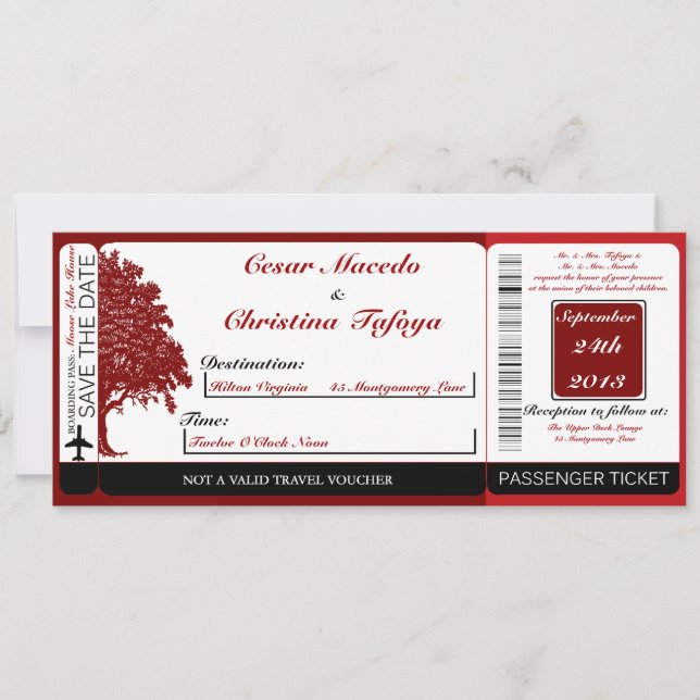 White Tree Red Boarding Pass Faire-part de mariage (Devant)