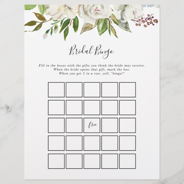 White Winter Peony Floral Bride Jeu de Bingo (Devant)