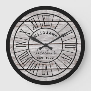 White Wood Farmhouse Nom de famille Grande horloge