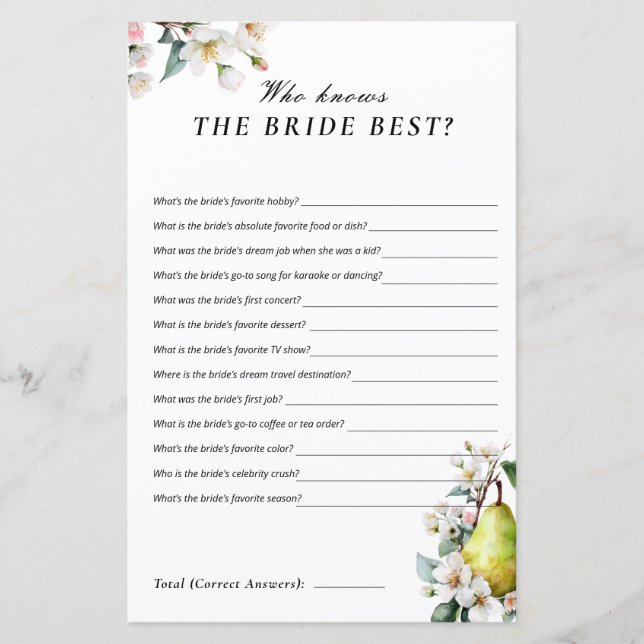 Who Knows Bride Perfect Pear Bridal Shower Game (Devant)