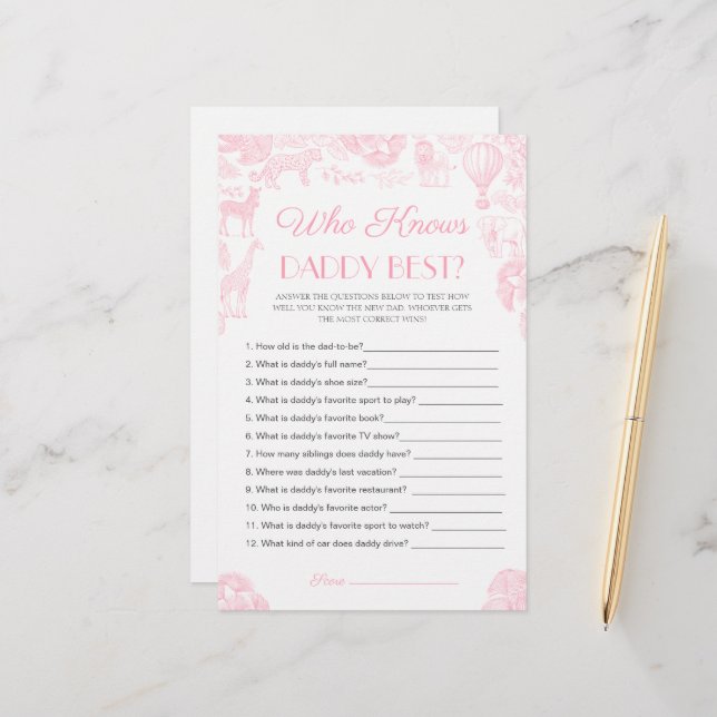 Who knows daddy best Baby Shower Game Card (Devant/Arrière en situation)