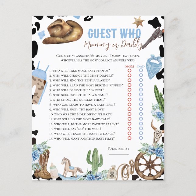 Who Knows Little Cowboy Western Baby Shower Game (Devant)