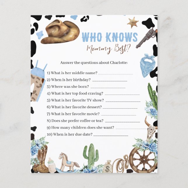 Who Knows Mommy Best Cowboy Baby Shower Game Card (Devant)