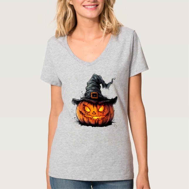 Wicked Pumpkin Witch Hat Halloween T-Shirt (Devant)