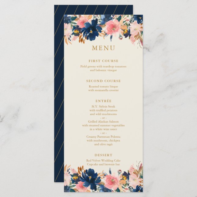 Wild Bouquet Navy & Blush | Menu Mariage (Devant / Derrière)