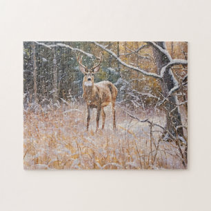 Wild Buck Deer Big Antlers Forêt de Neige Puzzle A