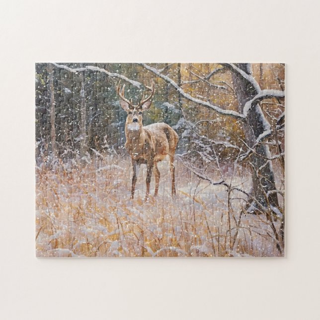 Wild Buck Deer Big Antlers Forêt de Neige Puzzle A (Horizontal)