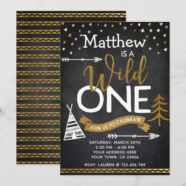 Wild One 1er Birthday Invitation Chalkboard (Devant / Derrière)