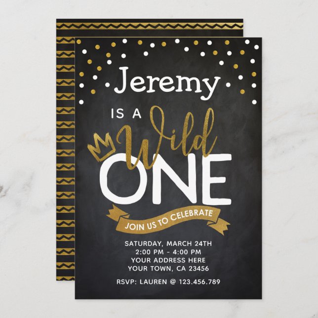 Wild One 1er Birthday Invitation Chalkboard (Devant / Derrière)