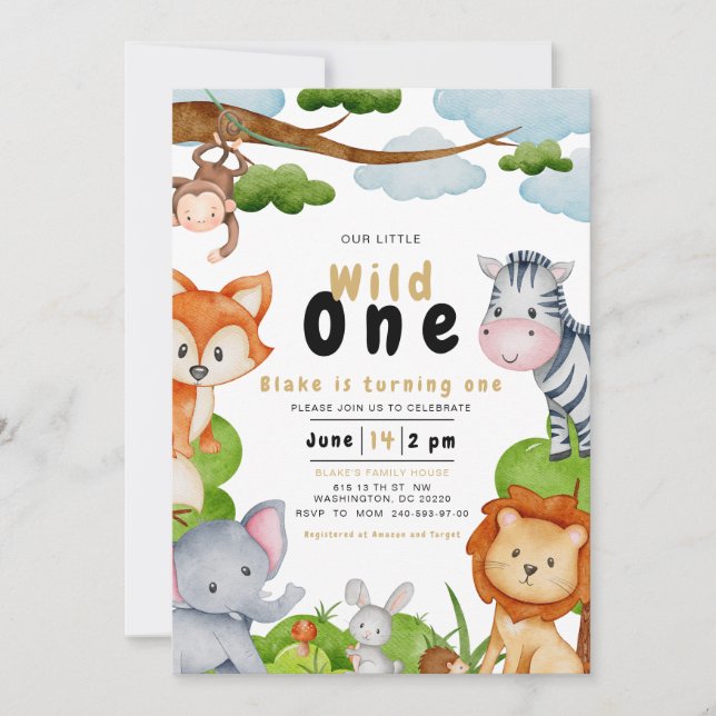 Wild One Animaux Première Invitation Anniversaire (Devant)