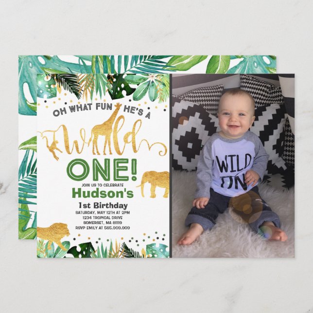 Wild One Anniversaire Invitation Jungle Animaux Pa (Devant / Derrière)