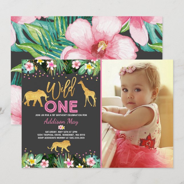 Wild One Anniversaire Invitation Jungle Animaux Pa (Devant / Derrière)