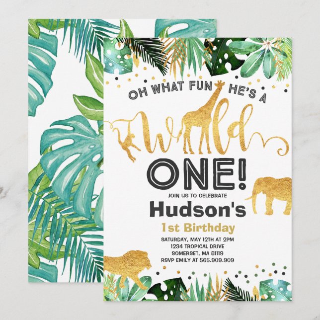 Wild One Anniversaire Invitation Jungle Animaux Pa (Devant / Derrière)