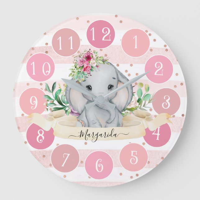 Wild One - Baby Elephant and Flowers Large Horloge (Recto)
