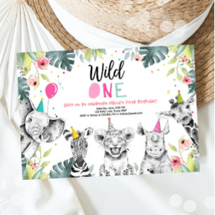 Wild One Birthday Invitation Safari Girls Animaux