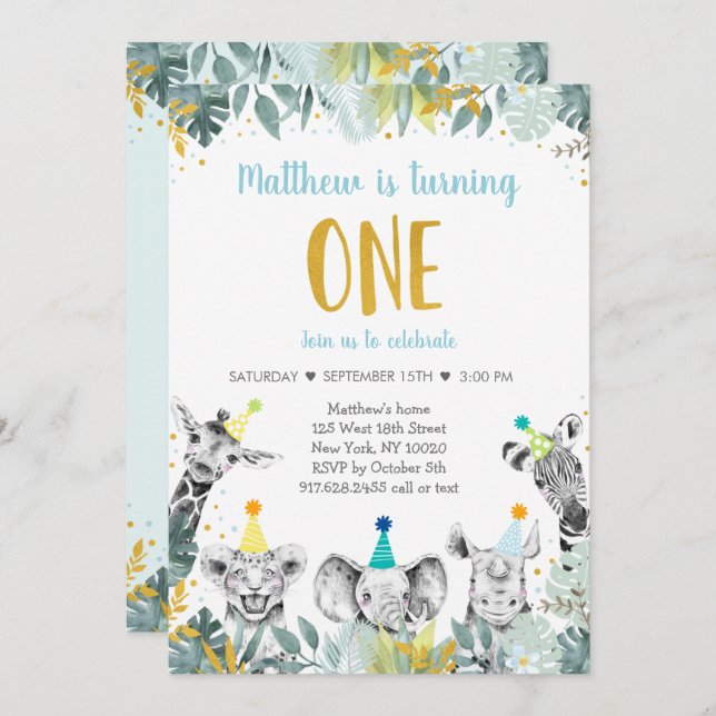 Wild One Blue Gold Party Invitation d'anniversaire (Devant / Derrière)