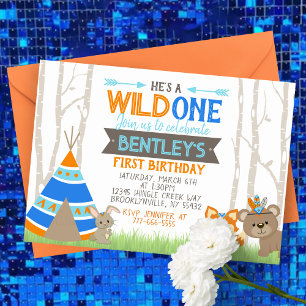 Wild One Blue Teepee Woodland Invitation d'anniver
