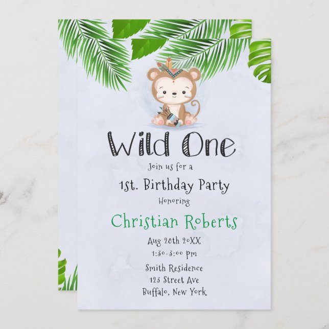 Wild One Boho Monkey Anniversaire Fête Invitation (Devant / Derrière)