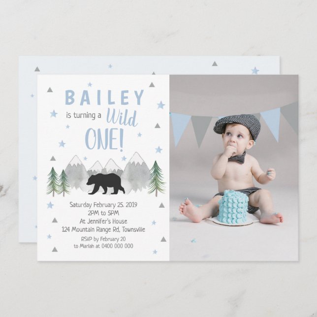 Wild One Boy 1er Birthday Photo Invitation (Devant / Derrière)