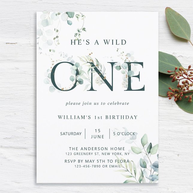 Wild One Boy Botanical First Birthday Invitation (Créateur téléchargé)