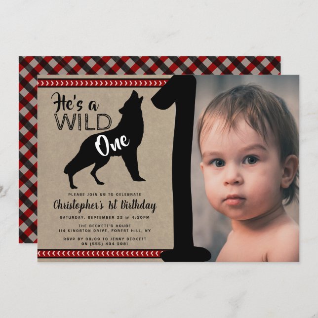 Wild One Boys Photo First Birthday Invitations (Devant / Derrière)