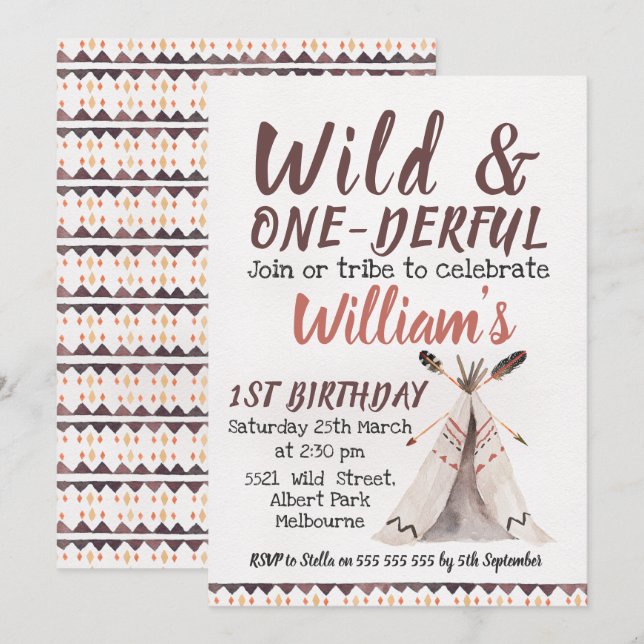 Wild One Boys Teepee Invitation Anniversaire (Devant / Derrière)