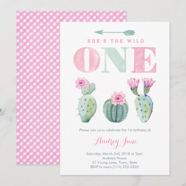 Wild One Cactus 1er anniversaire invitations pour  (Devant / Derrière)