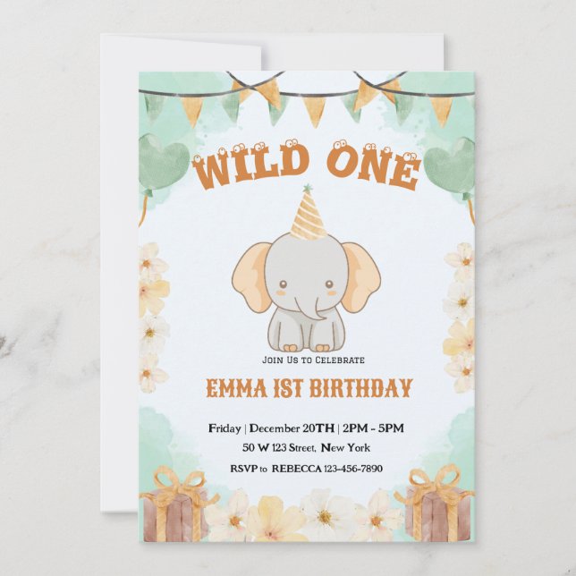 Wild One Cute Elephant 1er anniversaire Invitation (Devant)