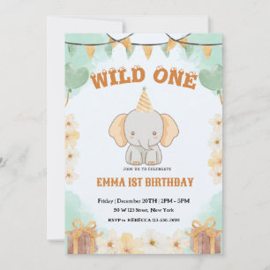 Wild One Cute Elephant 1er anniversaire Invitation