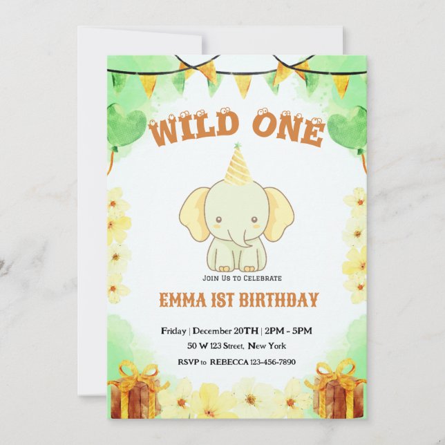 Wild One Cute Elephant 1er anniversaire Invitation (Devant)