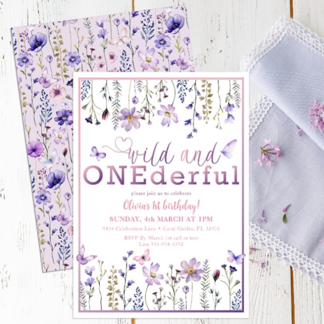 Wild ONE derful Floral 1er anniversaire Invitation (Lovely Lilac Hues Birthday Invitation)
