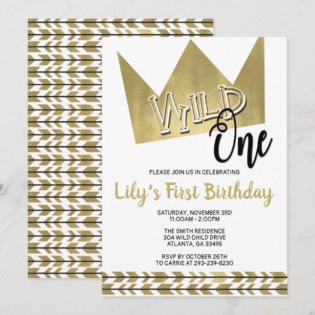 Wild One First Birthday Invitation Black & Gold (Devant / Derrière)