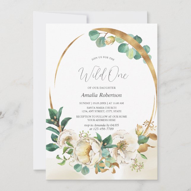Wild One Floral Green Invitation dorée (Devant)