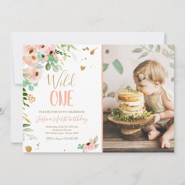 Wild One Girl 1er anniversaire Invitation Floral P (Devant)