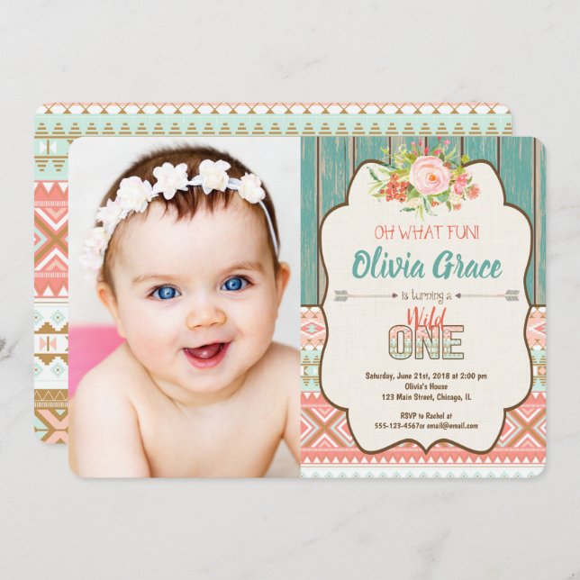 Wild one girl 1er anniversaire invitation photo (Devant / Derrière)