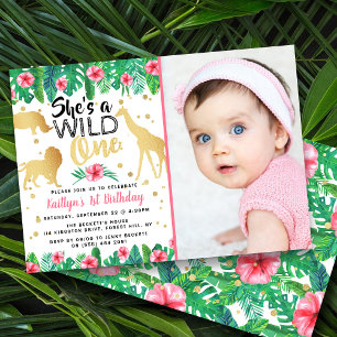 Wild One Girls Photo First Birthday Invitations