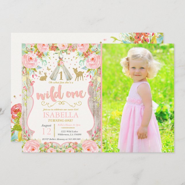Wild One Invitation Girl Wild One 1er Anniversaire (Devant / Derrière)