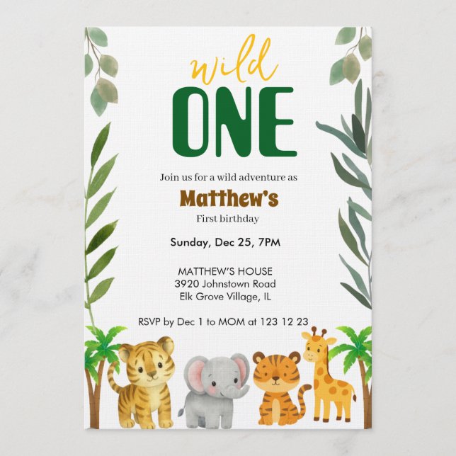 Wild One Jungle First Birthday Invitation (Devant)