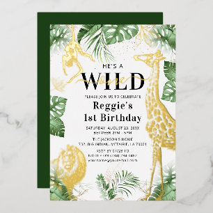 Wild One Jungle Green & Gold Foil Invitation