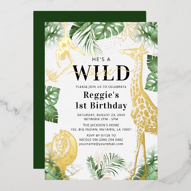 Wild One Jungle Green & Gold Foil Invitation (Recto/Verso)