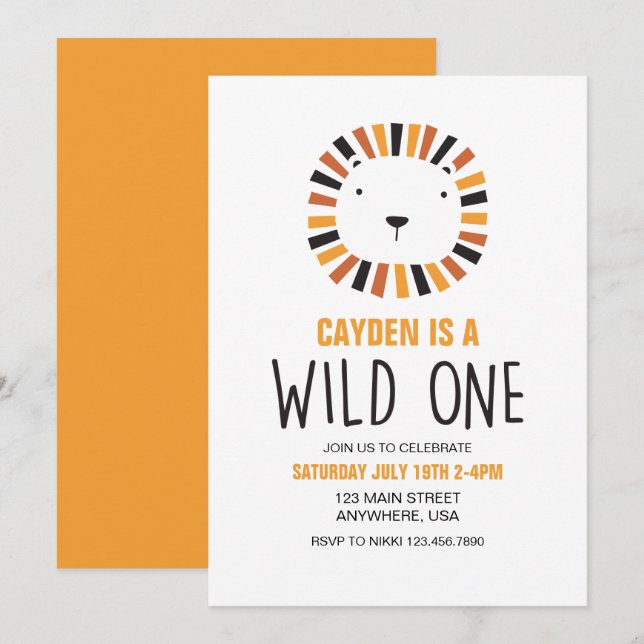 Wild One Lion boho First Birthday Invitation (Devant / Derrière)
