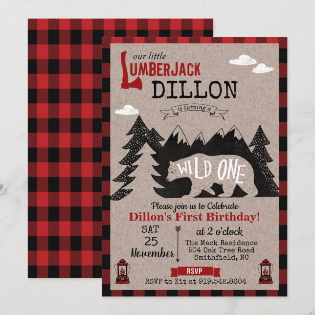 Wild One Lumberjack 1er anniversaire Invitation (Devant / Derrière)