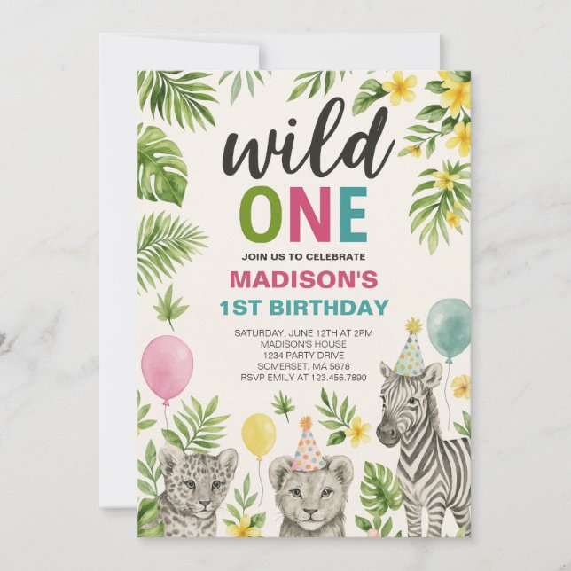 Wild One Safari Animaux Anniversaire Invitation (Devant)
