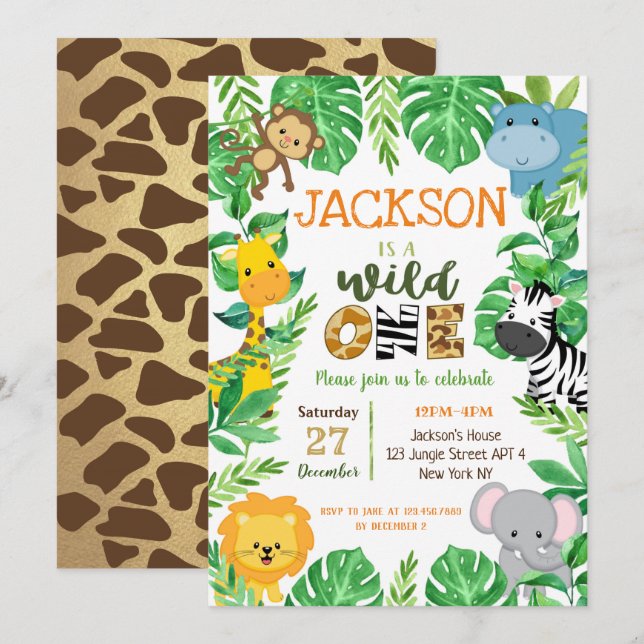 Wild One Safari Animaux Anniversaire Invitations (Devant / Derrière)