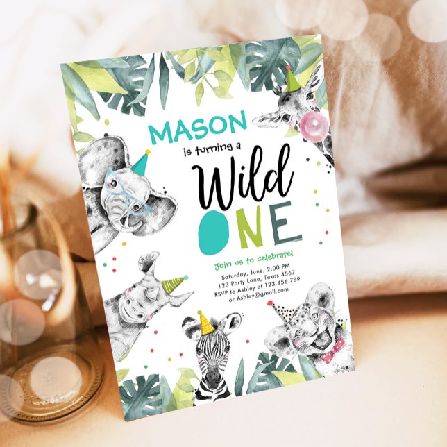 Wild One Safari Animaux Garçon Invitation Annivers (Créateur téléchargé)