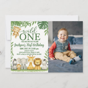 Wild One Safari Anniversaire Invitation avec photo