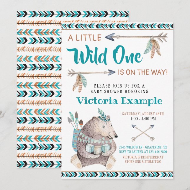 Wild One Tribal Bear Baby Shower Invitations (Devant / Derrière)