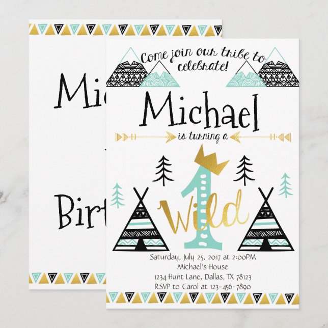 Wild One Tribal Birthday Party Invitation Boy (Devant / Derrière)
